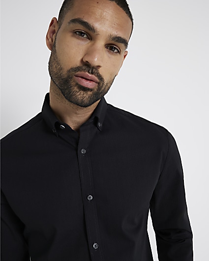 Black muscle fit textured smart shirt