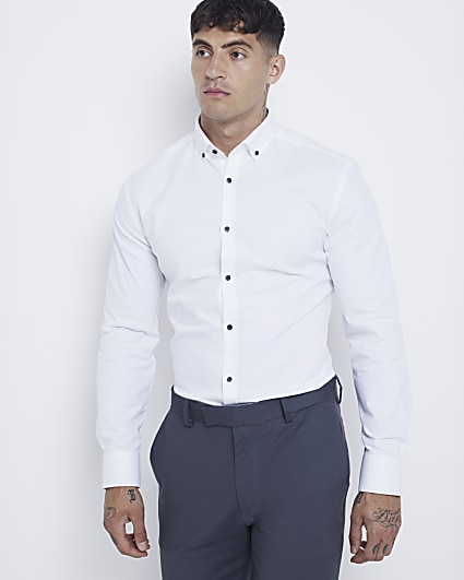 White muscle fit stretch textured smart shirt