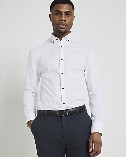 White muscle fit textured smart shirt