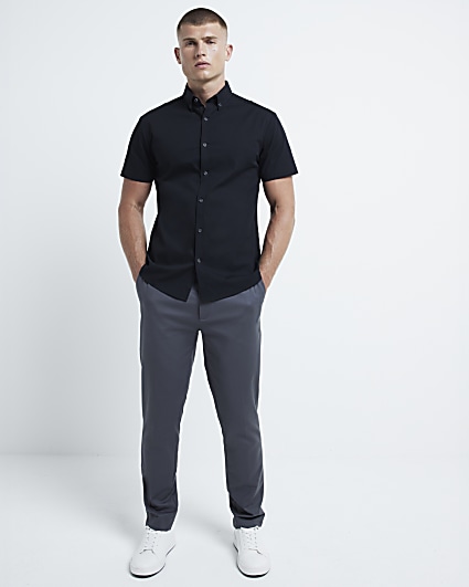 Black muscle fit textured smart shirt