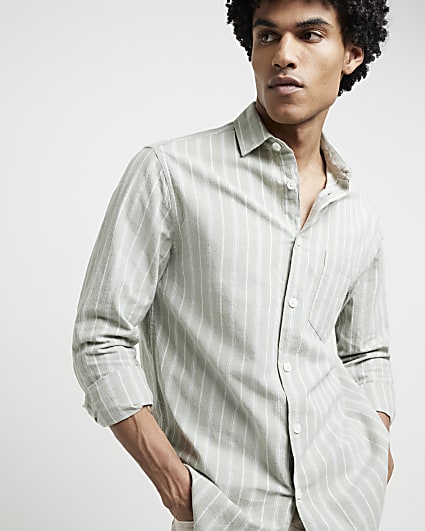 Green regular fit linen blend stripe shirt
