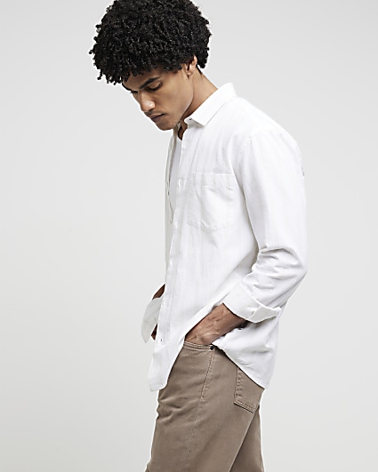 White regular fit linen blend stripe shirt