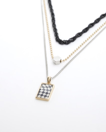 Silver colour checkerboard multirow necklace