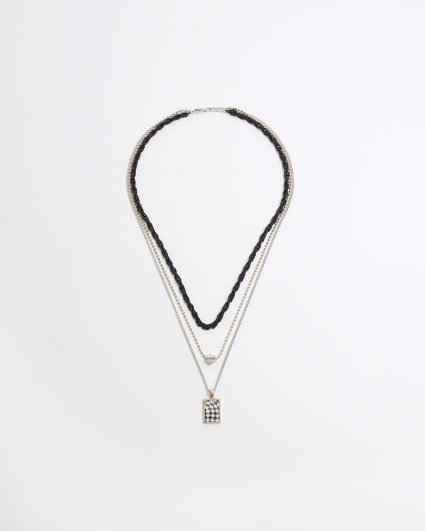 Silver colour checkerboard multirow necklace