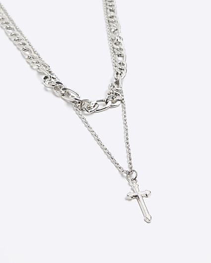 Silver colour multirow cross necklace