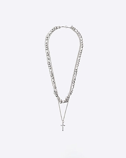 Silver colour multirow cross necklace