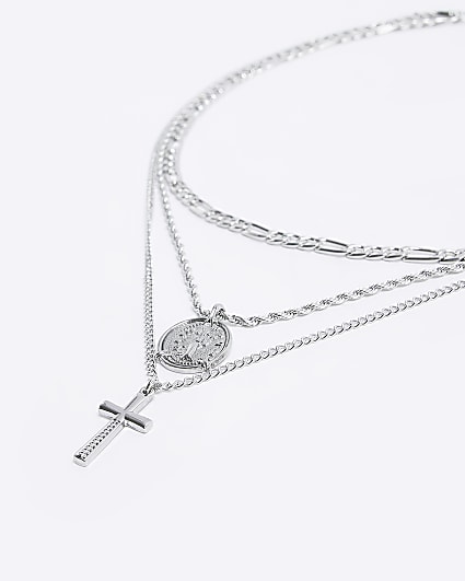 Silver colour cross multirow necklace