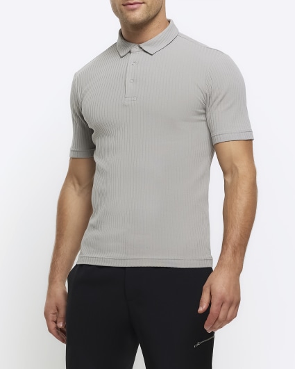 Grey muscle fit rib short sleeve polo