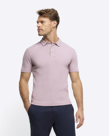 Pink muscle fit rib short sleeve polo