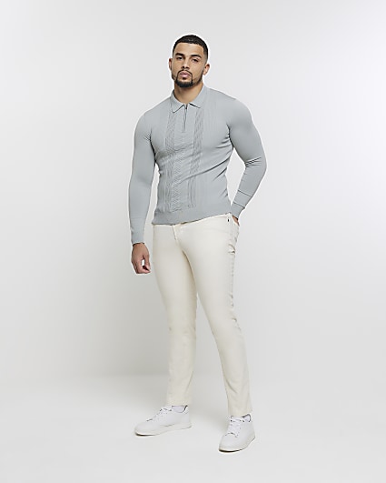 Grey muscle texture knit long sleeve polo