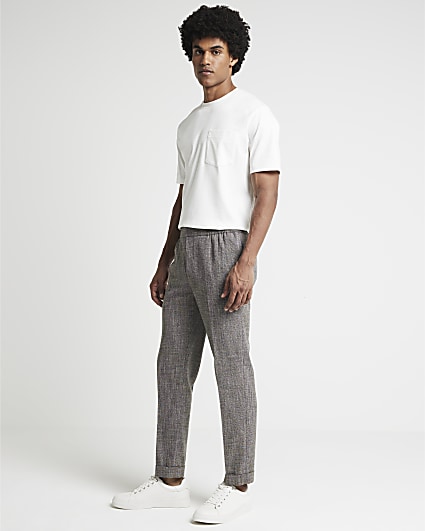 Brown slim fit textured smart trousers