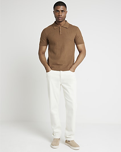 Brown slim fit textured knit polo