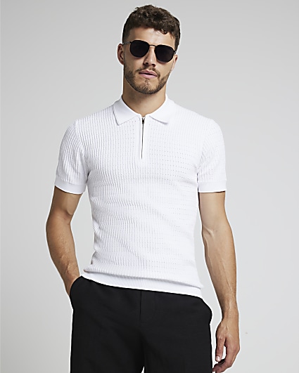 White muscle fit knitted half zip polo