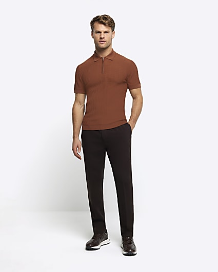 Rust muscle fit knitted half zip polo