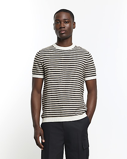 Brown slim fit stripe knitted t-shirt