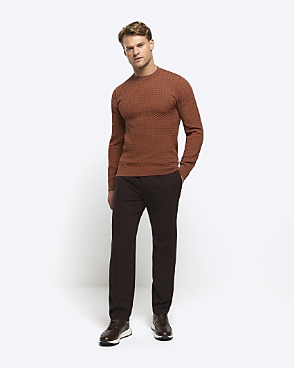 Rust muscle fit cable knit jumper