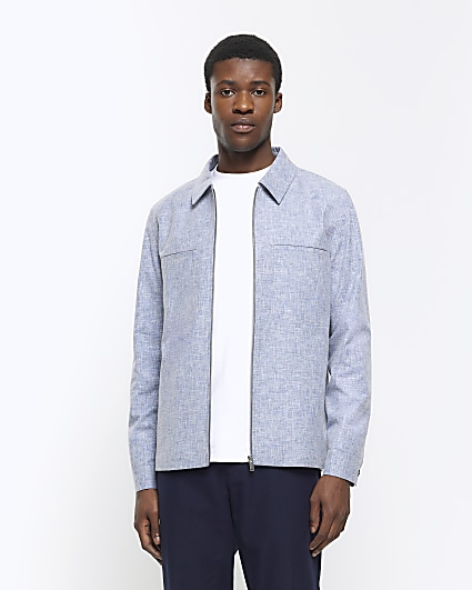 Blue slim fit textured Harrington jacket