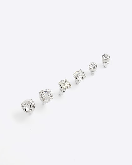 6 PK silver colour rhinestone stud earrings