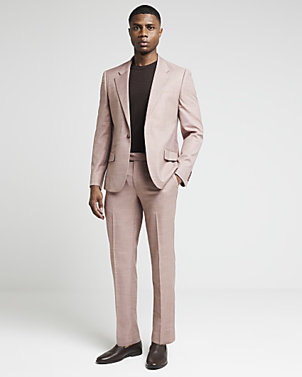 Pink slim fit textured suit trousers