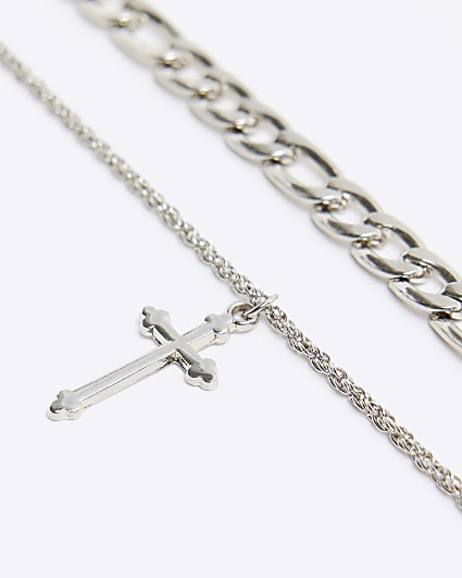 Silver colour cross multirow necklace