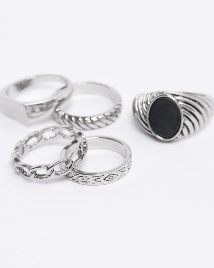 Silver colour stone textured ring multipack