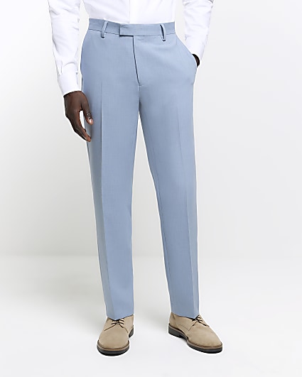Blue slim fit textured suit trousers