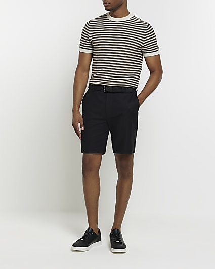Black slim fit belted chino shorts