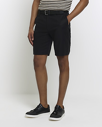 Black slim fit belted chino shorts