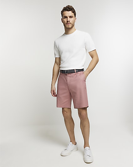 Pink slim fit belted chino shorts