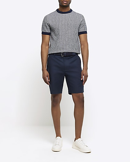 Navy slim fit belted chino shorts