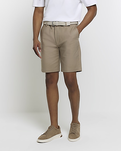 Beige slim fit belted chino shorts