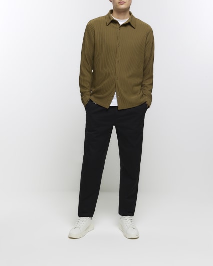 Khaki regular fit plisse long sleeve shirt