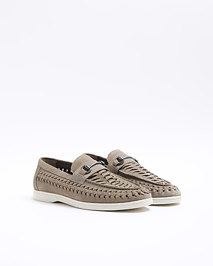 Grey suede woven chain loafers