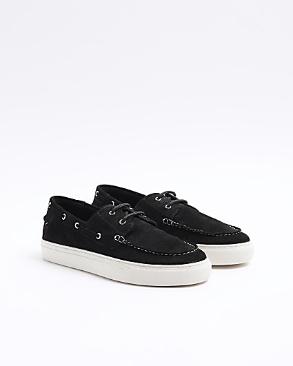 Black suede boat shoes