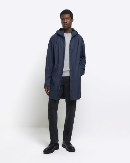 Navy regular fit hooded rain coat