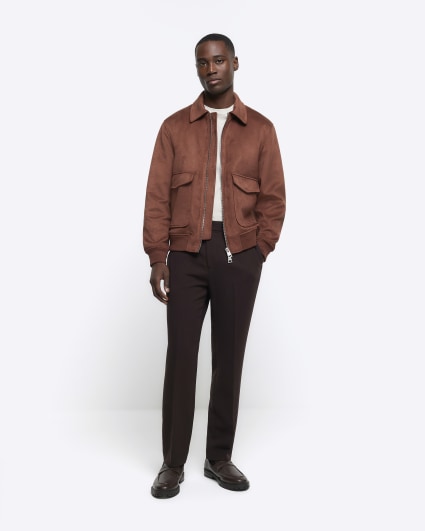 Brown Suedette Collared Bomber Jacket