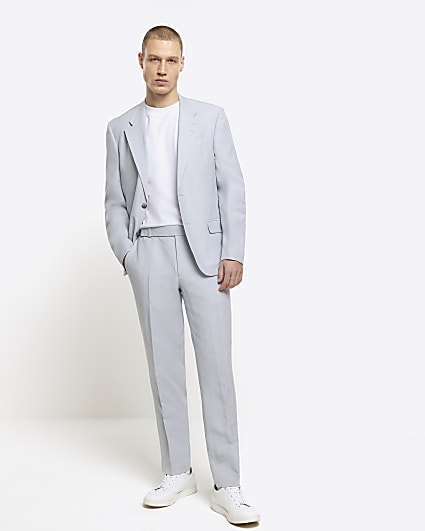 Blue slim fit linen blend suit jacket