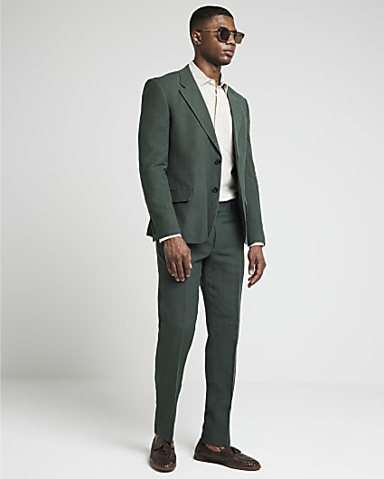 Green slim fit linen blend suit trousers