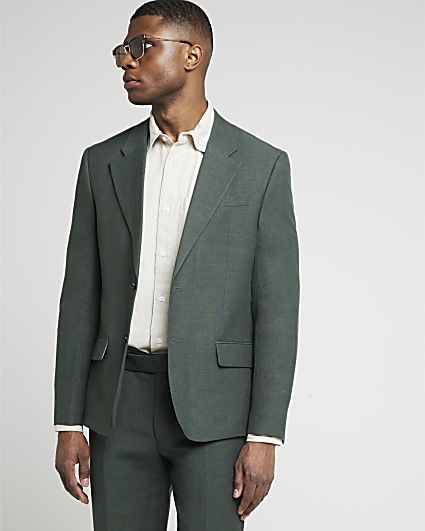 Green slim fit linen blend suit jacket