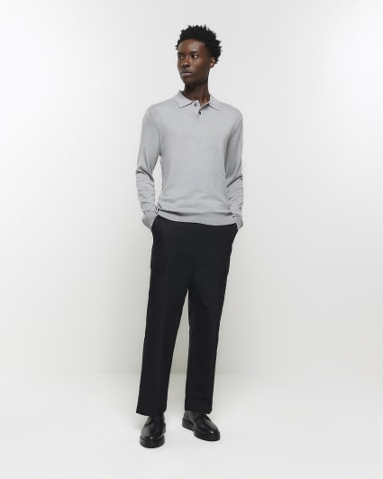 Grey slim fit knitted long sleeve polo