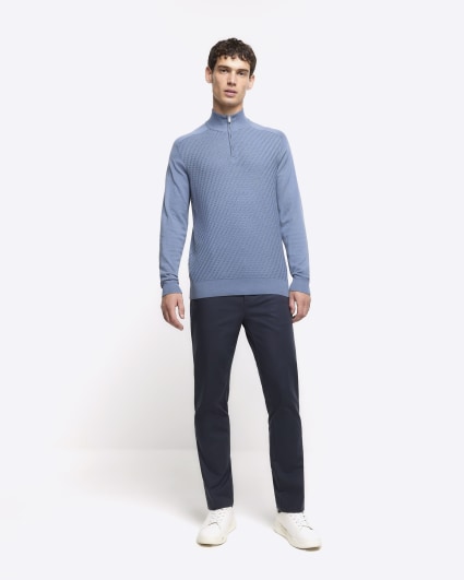 Blue slim fit diagonal stitch half zip jumper