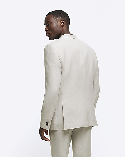 Stone slim fit linen blend suit jacket
