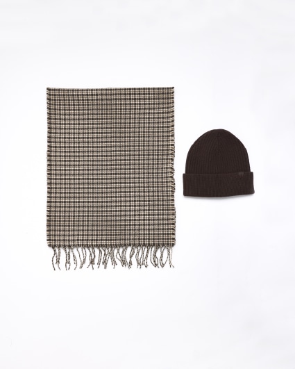 Brown beanie and houndstooth scarf gift set