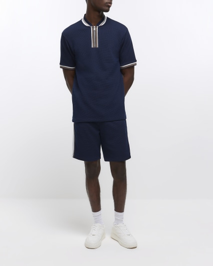 Navy slim fit textured taped polo shirt