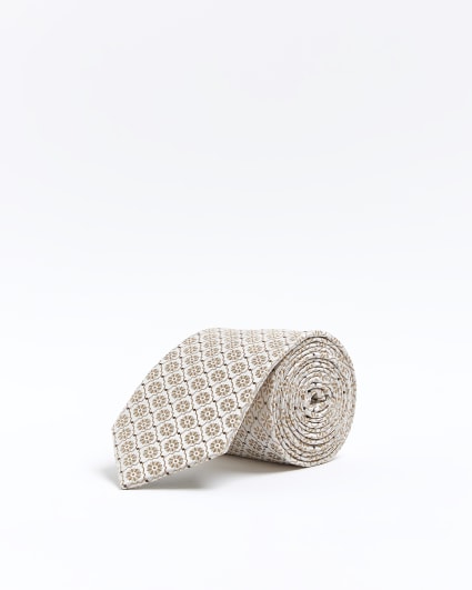 Cream jacquard geometric tie