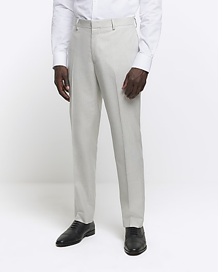 Ecru slim fit textured suit trousers