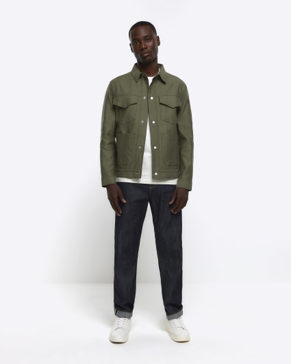Khaki regular fit linen blend western jacket