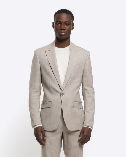 Beige slim fit wool blend suit jacket