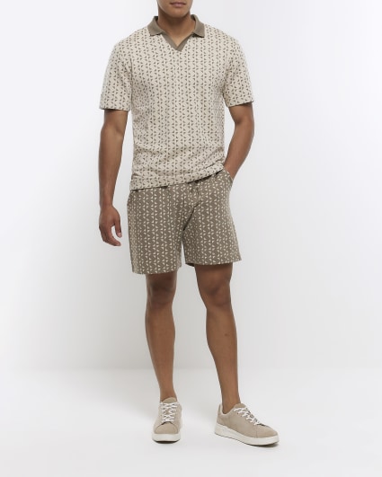 Beige regular fit geometric print polo shirt