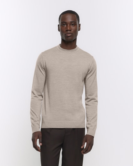 Beige slim fit RI studio merino jumper